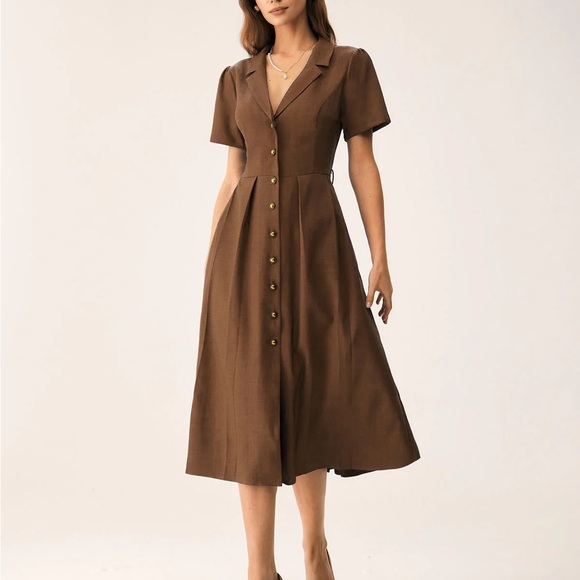 Brown Pleated A-Line Midi Dress - Picture 1 of 6